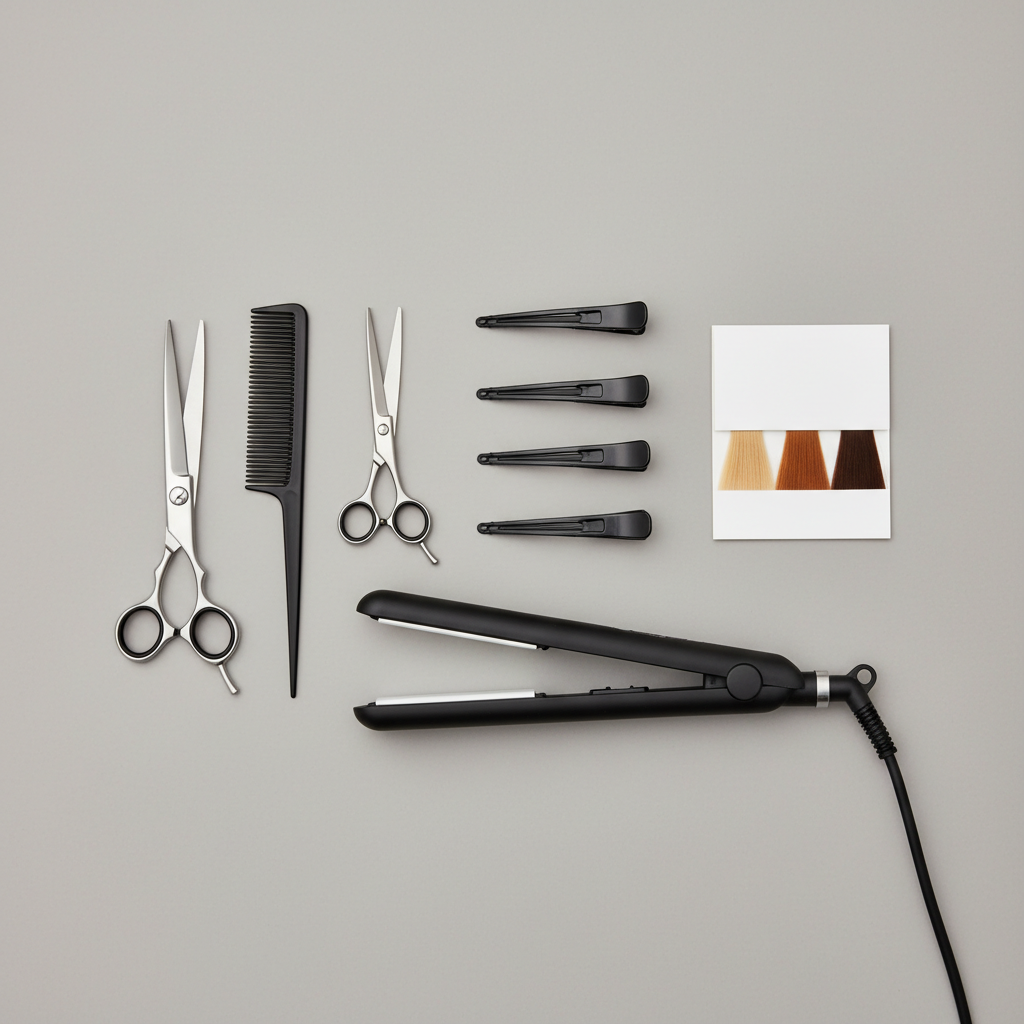 An assortment of professional hair styling tools arranged with geometric precision on a smooth, light grey background. A pair of sharp stainless steel scissors, thinning shears, a carbon comb, sectioning clips, and a high-end matte black hair straightener are laid out in parallel lines, alongside a small palette of color swatches showing natural blonde, caramel, and brunette tones. Soft, even studio lighting from above eliminates harsh shadows, highlighting the metallic edges and sleek finishes. Captured from a bird’s eye view, the composition is minimalist and highly structured, with negative space carefully preserved around the tools. The mood is technical, precise, and professional, emphasizing craftsmanship and modern salon standards in a clean, photographic realism style.