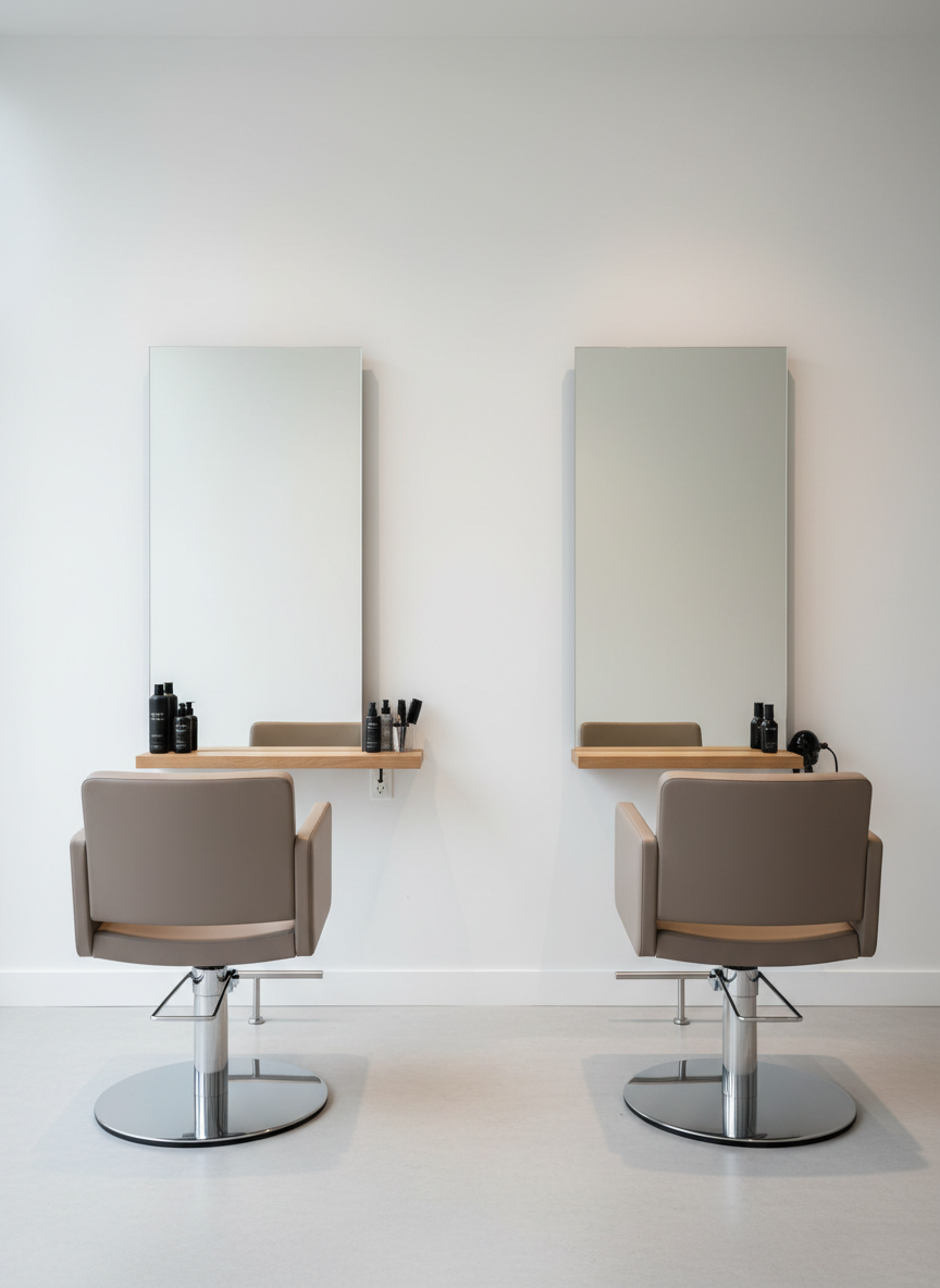 A sleek, modern hair salon interior without any people, featuring two minimalist styling stations with large frameless rectangular mirrors mounted on a matte white wall. Each station includes a refined taupe leather styling chair with chrome base, and a narrow floating oak shelf holding neatly arranged professional hair products and stainless steel tools. The floor is a light grey polished concrete, reflecting soft, diffused daylight from an unseen window. The lighting is even and neutral, with subtle ceiling spotlights creating gentle highlights on metal surfaces. Photographed at eye level with a wide lens, the composition is balanced and symmetrical, exuding a professional, clean, and corporate aesthetic with photographic realism and a calm, inviting atmosphere.