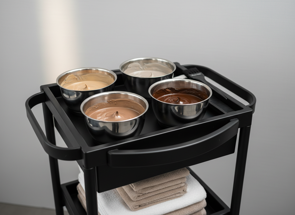 A close-up of a professional hair color mixing station, showing an organized black matte trolley with stainless steel bowls containing different shades of cream hair dye in natural blondes and cool browns. Precise measuring brushes and combs rest neatly alongside, and folded neutral-colored towels are stacked in the lower shelf. The station stands against a smooth, light-grey wall with a subtle texture. Soft, diffused studio lighting from the upper left creates delicate reflections on the metal surfaces and gentle shadows under the bowls. Shot from a slightly elevated close-up angle with a shallow depth of field, the focus rests on the creamy textures and polished tools, conveying precision, expertise, and high-end service in a clean, photographic realism style.