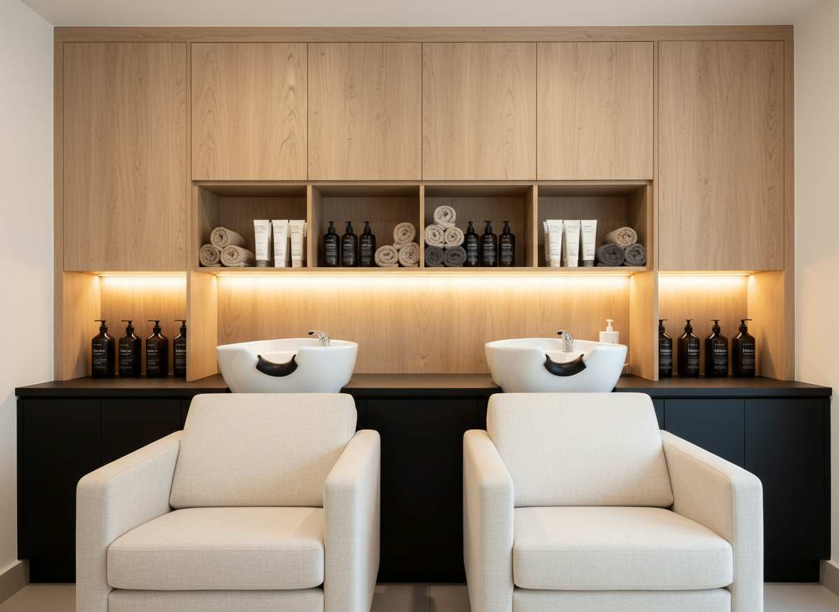 A sophisticated backwash area in a hair salon, featuring two pristine white ceramic shampoo basins with chrome fixtures integrated into a matte black base. In front of each basin is a cushioned, neutral-toned reclining chair with simple, ergonomic design. Behind, a wall of light wood cabinetry and open niches displays neatly arranged towels in shades of beige and grey, alongside uniform bottles of professional haircare products. The space is illuminated by soft, indirect LED strip lighting under the cabinets, creating a warm yet neutral glow. Photographed straight-on with a balanced, symmetrical composition and sharp focus throughout, the image conveys relaxation, premium care, and meticulous organization in a clean, modern photographic style.