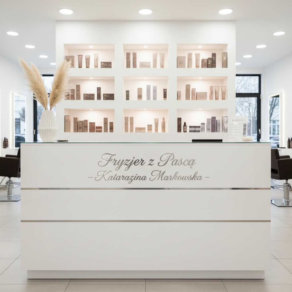 An immaculate, glossy white reception counter in a professional hair salon, with the salon name “Fryzjer z Pasją – Katarzyna Markowska” elegantly printed in subtle metallic lettering on the front. Behind the counter, built-in shelves display perfectly aligned premium haircare bottles in muted, neutral-colored packaging. A single minimalist vase with dried pampas grass adds texture. The environment is structured and uncluttered, with soft overhead LED lighting casting gentle, shadowless illumination. Captured from a slightly elevated frontal angle, the composition emphasizes clean lines and a balanced layout. The background is softly blurred to maintain focus on the counter, creating a refined, trustworthy, and modern business impression in a photographic, corporate style.