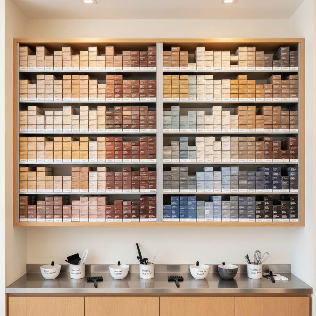 A bright, organized color bar wall in a modern hair salon, featuring built-in shelving filled with perfectly aligned boxes of professional hair color in a palette of natural, muted shades: sandy blondes, chocolate browns, and cool ashy tones. Small, labeled mixing bowls and applicator brushes sit on a narrow stainless steel counter below the shelves. The background wall is painted in a warm off-white, enhancing the sense of cleanliness. Neutral overhead lighting ensures true color rendering, with subtle reflections on the metal counter. Photographed at a straight-on, eye-level angle with sharp focus throughout, the composition emphasizes order, expertise, and the science behind color services. The atmosphere is analytical yet inviting, in a crisp, corporate, photographic aesthetic.